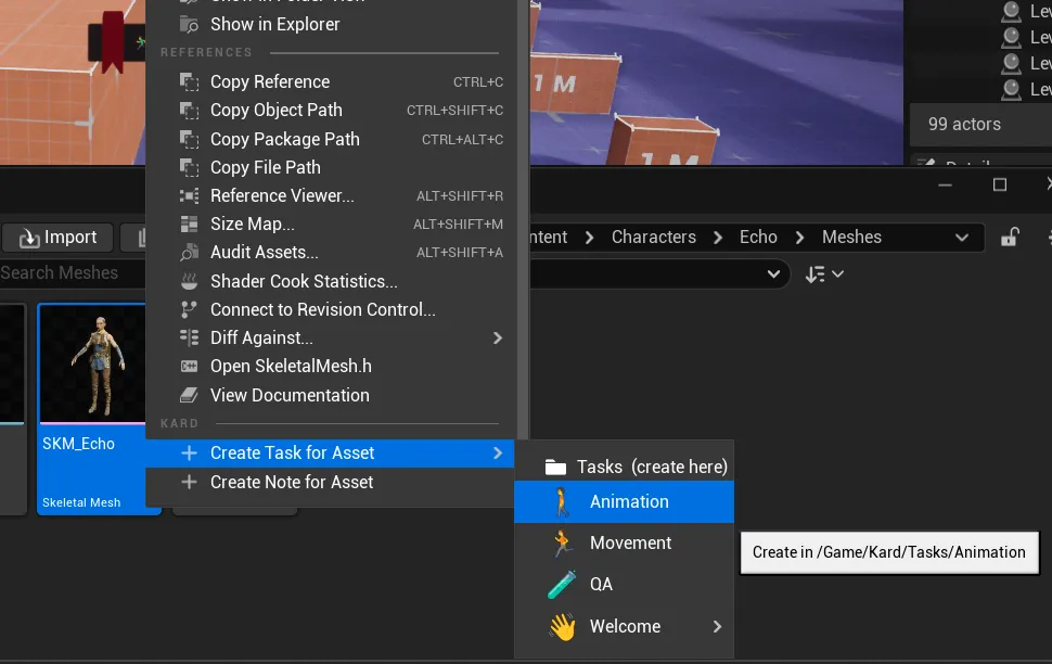 Right-click menu on an actor showing the Kard section