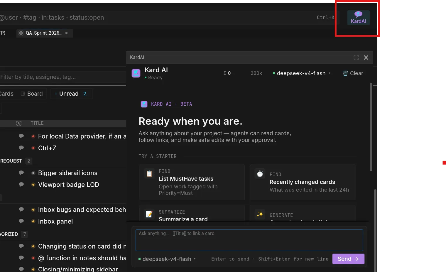 The KardAI button in the header with the chat dropdown open