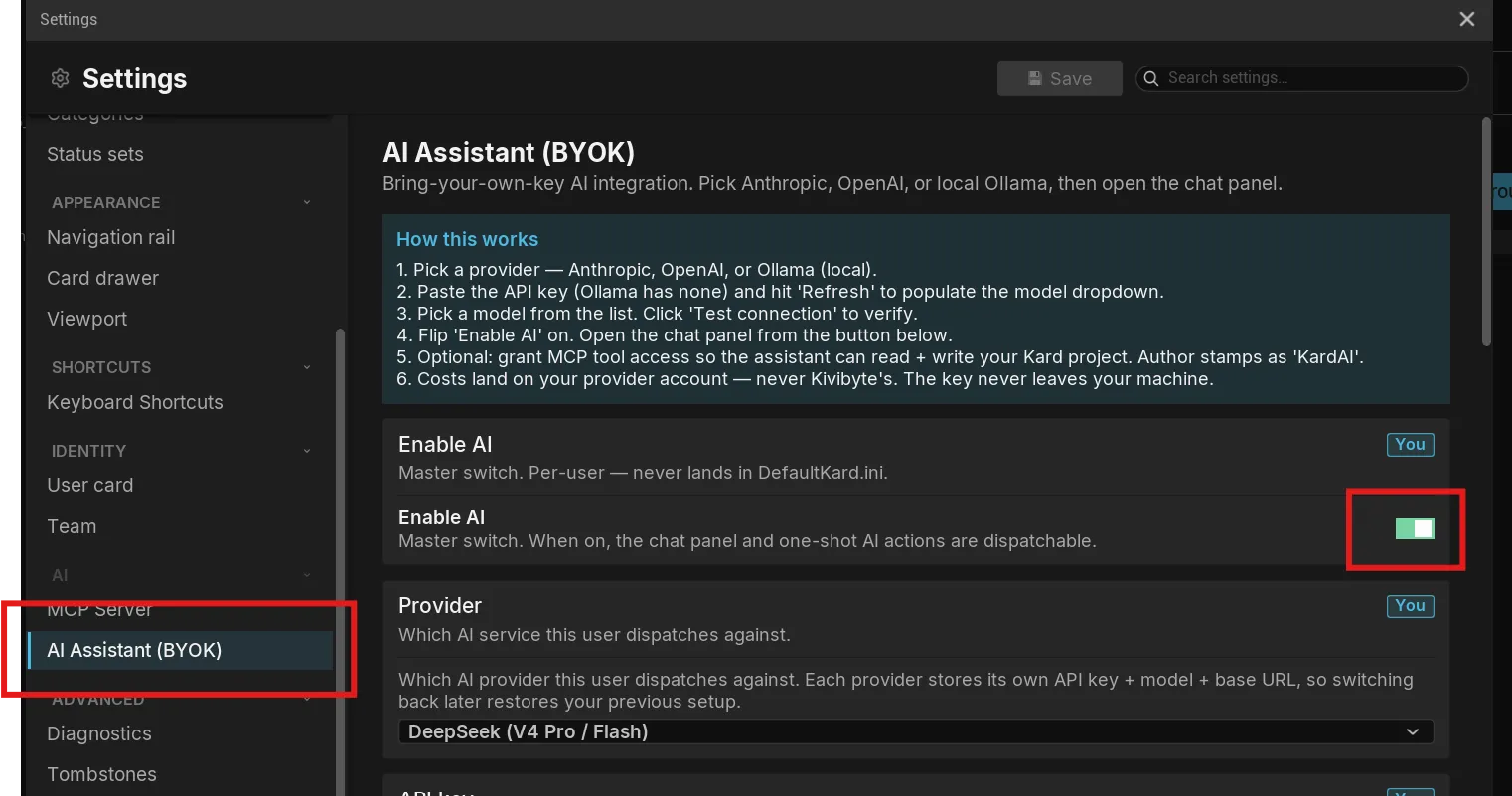 The Settings AI page with the Enable AI toggle and provider dropdown