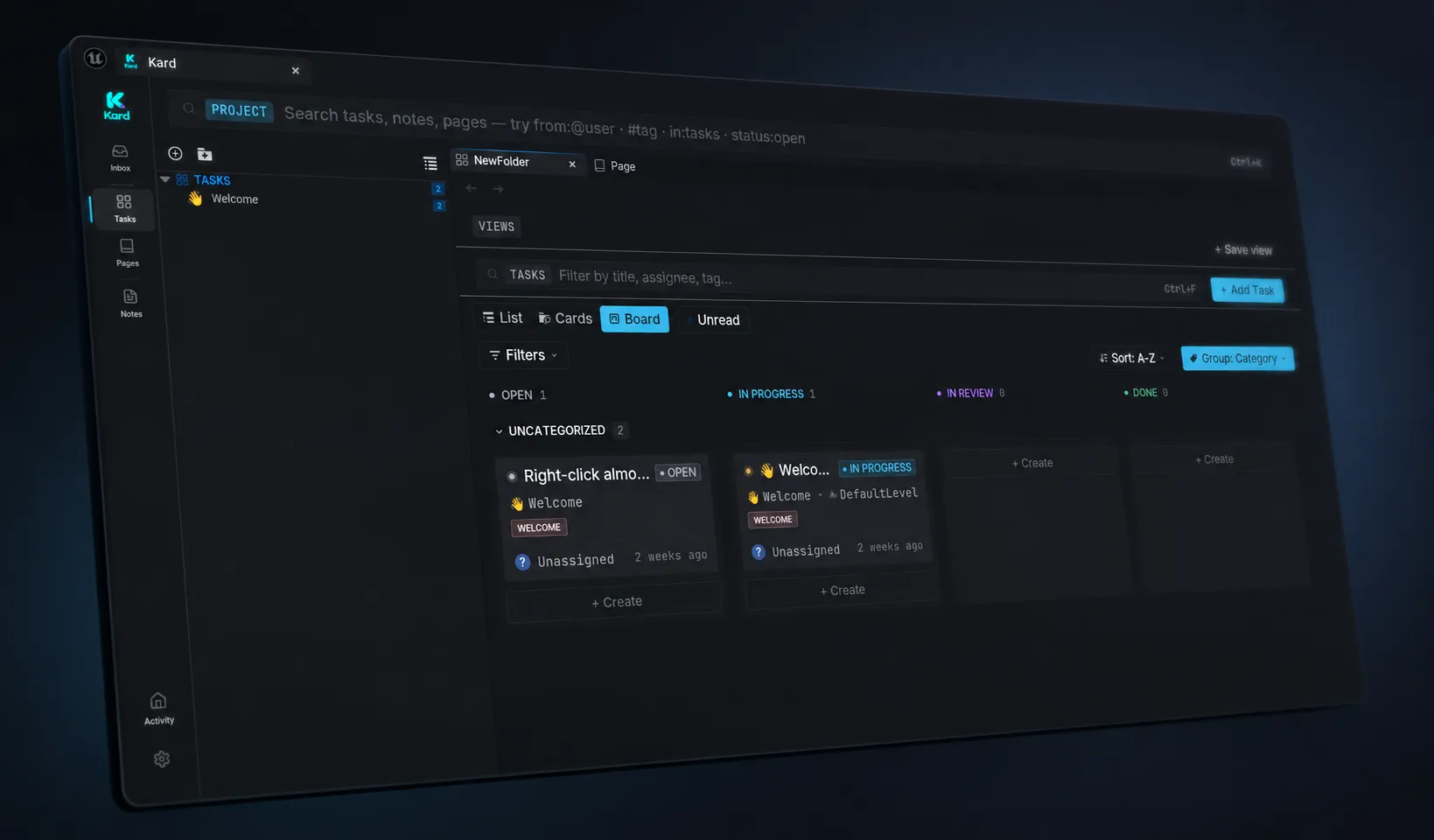 Kard Tasks screen