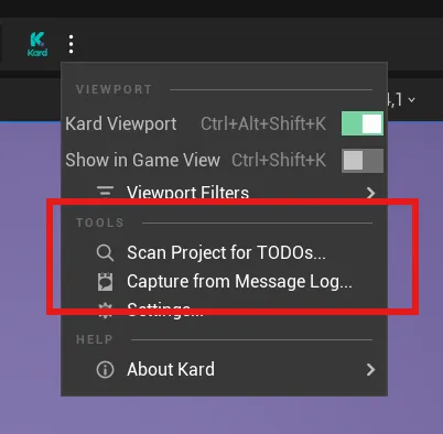 Kard toolbar settings combo expanded to the Tools section