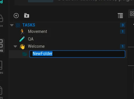 Sidebar folder tree with a new folder in inline-rename mode