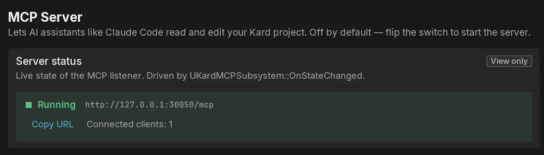 The MCP Server settings page with the toggle on and the green Running status card