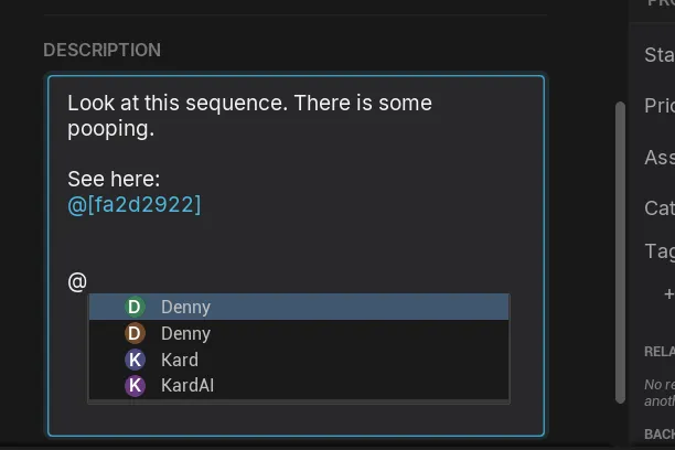 The @ mention popup showing the teammate picker