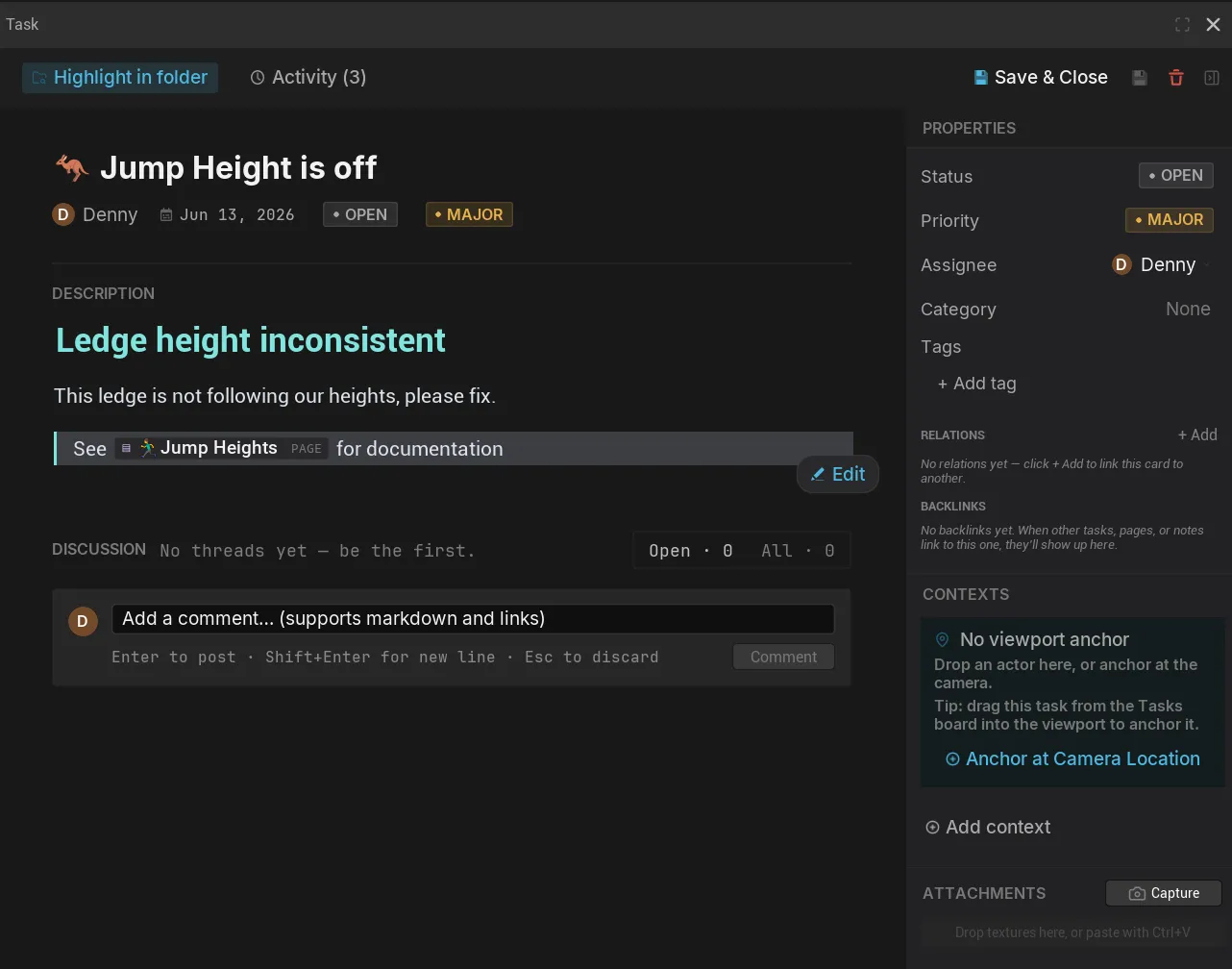 Kard detail view — toolbar, title with the dirty dot, description, comments, and the right-hand properties panel